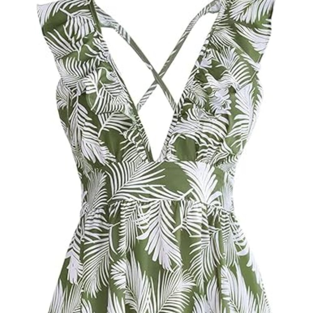 CUPSHE V Neck Leafy Ruffle Trim Dress Above The Knee Length Dress 🆕 with tags!